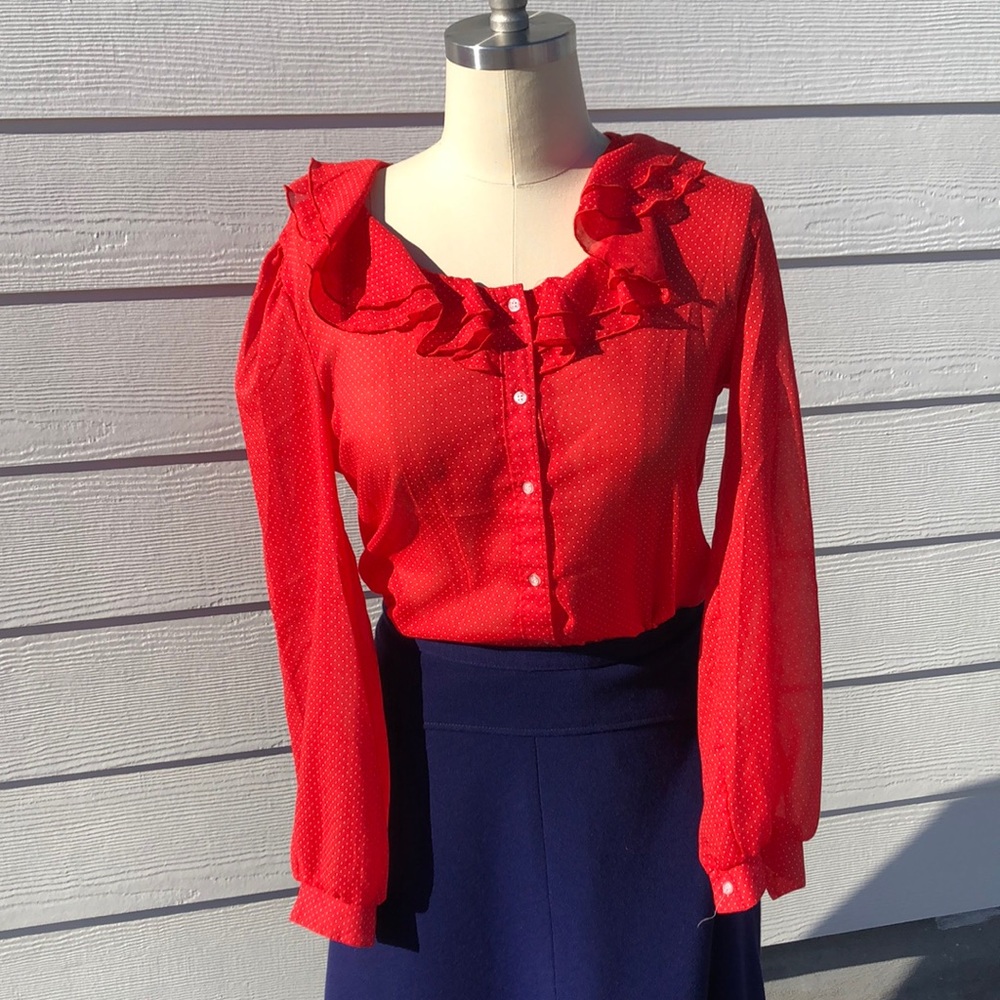 80s red blouse with white polka dots